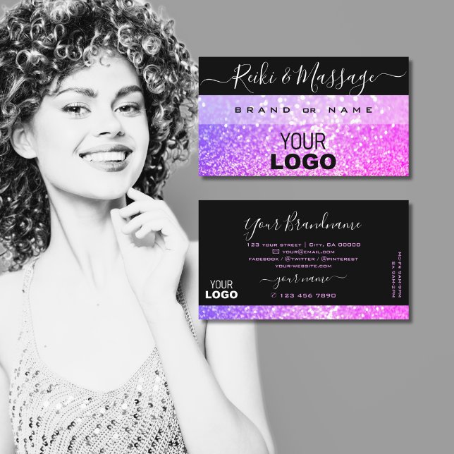 Stylish Black Pink Purple Sparkle Glitter Add Logo Business Card (Creator Uploaded)