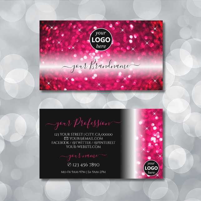 Stylish Black Pink Sparkling Glitter Add Logo Chic Business Card (Creator Uploaded)