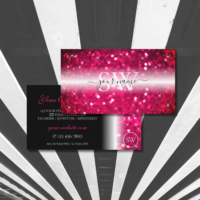 Stylish Black Pink Sparkling Glitter Initials Chic Business Card (Creator Uploaded)