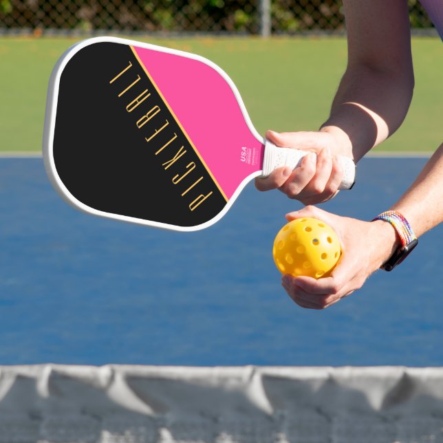 Stylish Black Pink Upward Slant Pickleball Text Paddle (Insitu)