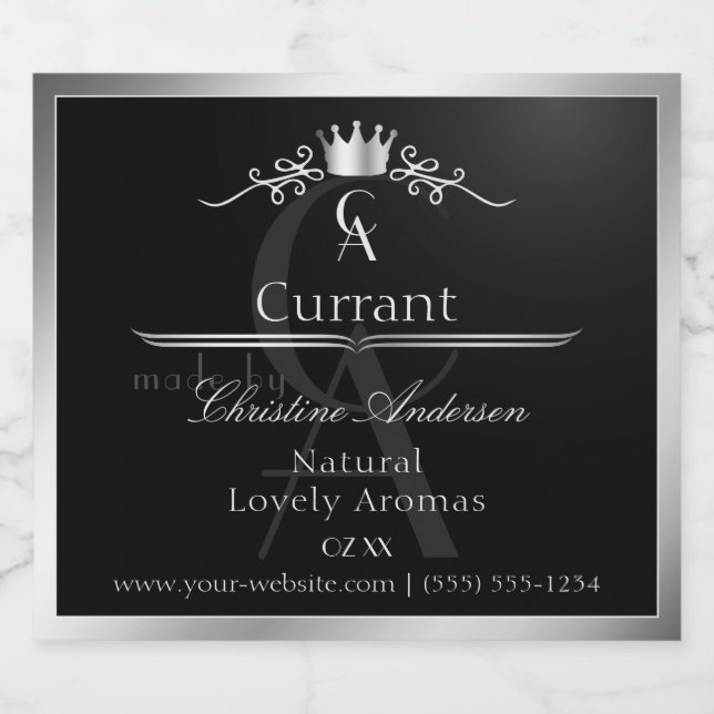 Stylish Black Product Label Silver Frame Monogram (Single Label)