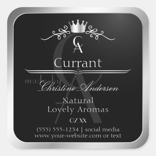 Stylish Black Product Label Silver Frame Monogram (Front)