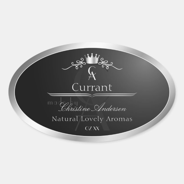Stylish Black Product Label Silver Frame Monogram (Front)