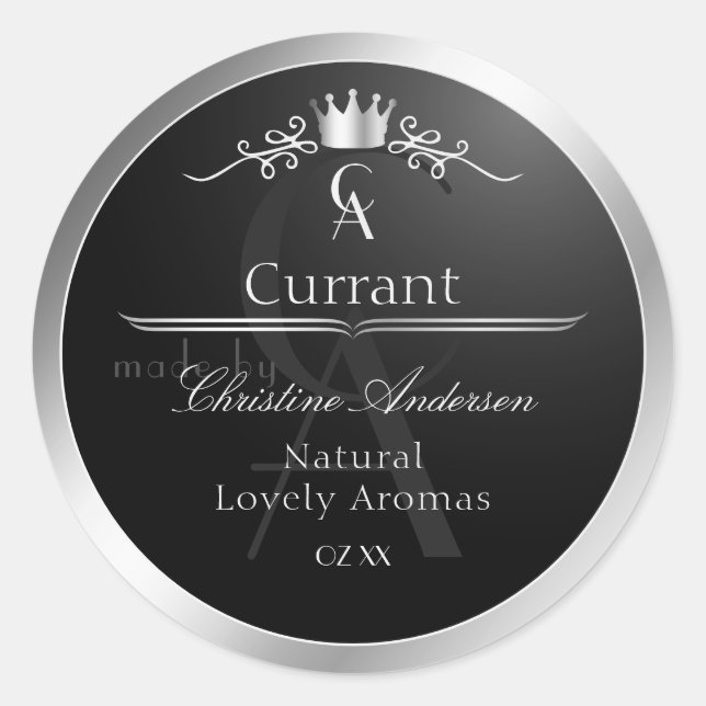 Stylish Black Product Label Silver Frame Monogram (Front)