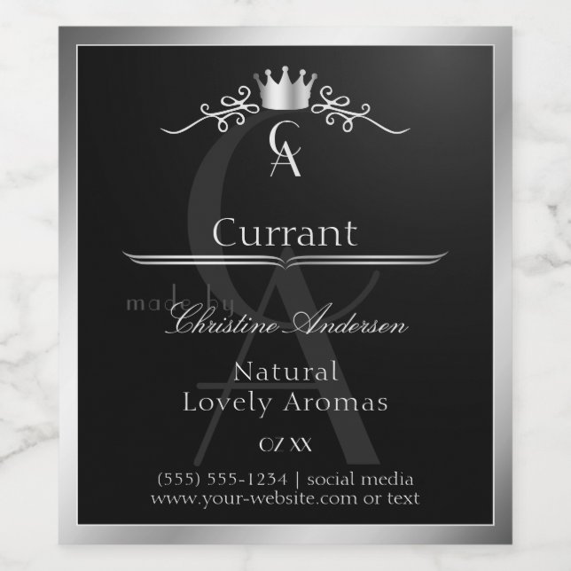 Stylish Black Product Label Silver Frame Monogram (Single Label)