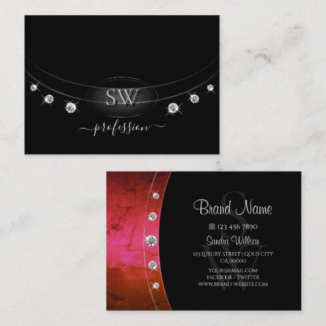 Stylish Black Red Marble and Silver with Monogram Business Card (Front/Back)