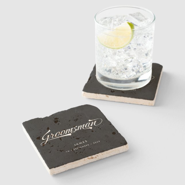 Stylish Black Retro Typography Groomsmen Stone Coaster (Side)