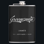 Stylish Black Retro Typography Groomsmen Wedding Hip Flask<br><div class="desc">This personalised flask makes a stylish vintage inspired groomsmen gift. Funky retro inspired font in white on black background and your name and date of choice! Want more wedding items in this style? Drop me a message!</div>