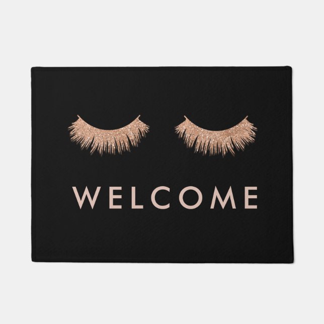 Stylish Black Rose Gold Eyelashes Welcome Doormat (Front)