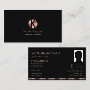Stylish Black Rose Gold with Monogram and Photo Business Card