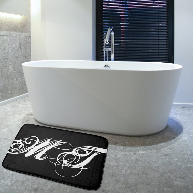 Stylish Black Script Calligraphy Monogram Initials Bath Mat (Creator Uploaded)