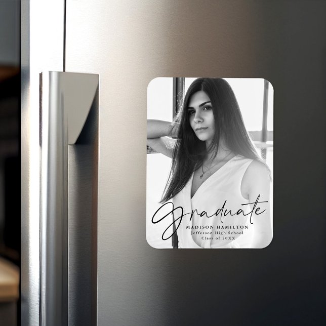 Stylish Black Script Graduation Announcement Photo Magnet (Creator Uploaded)