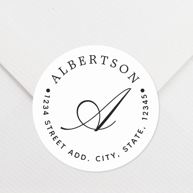 Stylish Black Script Monogram Family Name Address Classic Round Sticker (Creator Uploaded)