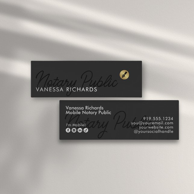 Stylish Black Script Notary Public Gold Pen Nib Mini Business Card (Creator Uploaded)