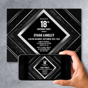 Stylish Black Silver 18th Birthday Party Invitation