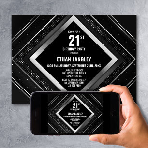 Stylish Black Silver 21st Birthday Party Invitation