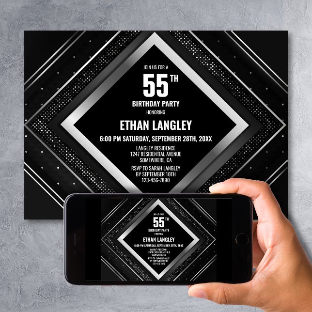 Stylish Black Silver 55th Birthday Party Invitation (Creator Uploaded)