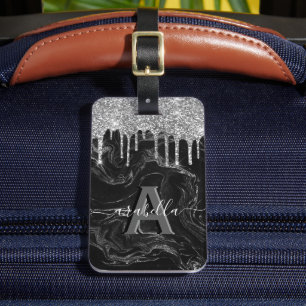Stylish Black Silver Glitter Monogram Luggage Tag
