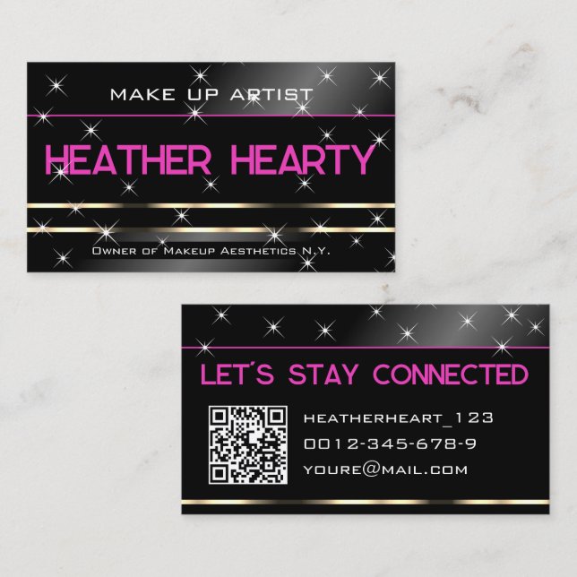 Stylish Black Silver Gold Glitter Stars QR Code Business Card (Front/Back)