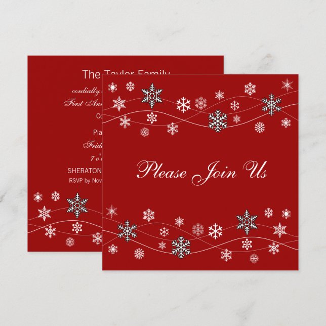 Stylish Black Snowflakes on Red Invitation (Front/Back)