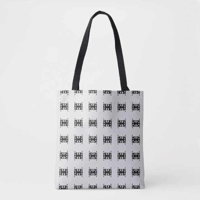 Stylish black star pattern & stripes on light grey tote bag (Front)