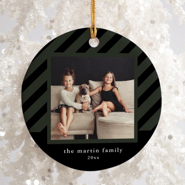 Stylish Black Stripe Simple Photo Christmas Ceramic Tree Decoration (Creator Uploaded)