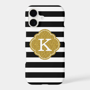 Stylish Black Stripes Gold Monogram