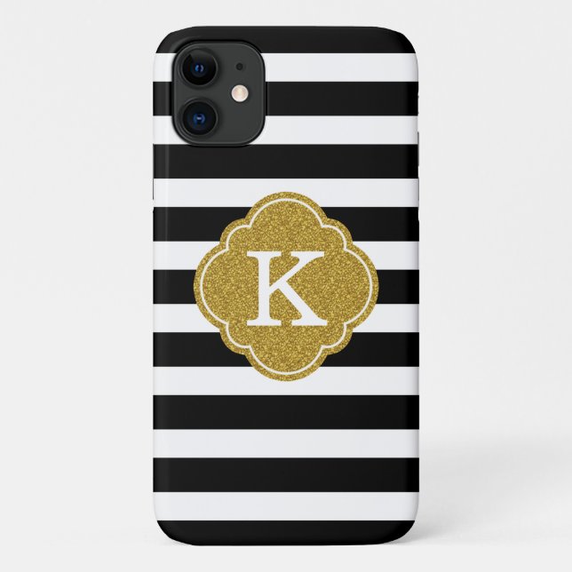 Stylish Black Stripes Gold Monogram Case-Mate iPhone Case (Back)