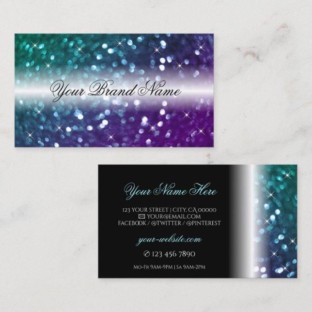 Stylish Black Teal Purple Sparkle Glitter Modern Business Card (Front/Back)