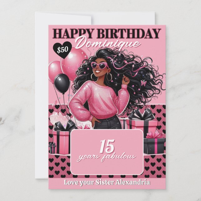 Stylish Black Teen Girl Birthday Gift Card Holder (Front)