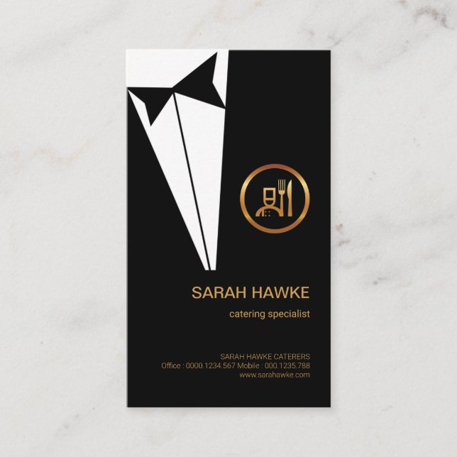 Stylish Black Tuxedo Gold Boutonniere Catering Business Card (Front)