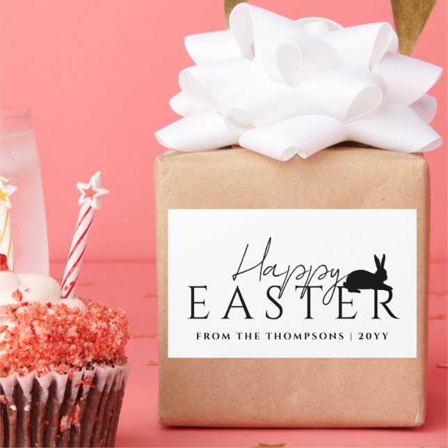 Stylish Black Typography And Bunny Happy Easter Rectangular Sticker (Party)