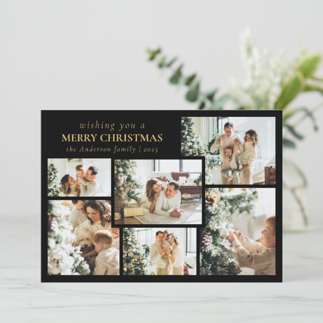 Stylish Black Typography Photo Collage Christmas Holiday Card (Standing Front)