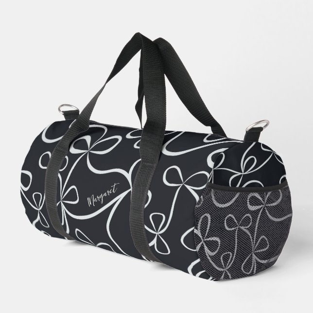 Stylish Black White Bow Pattern Custom Name  Duffle Bag (Right Corner)