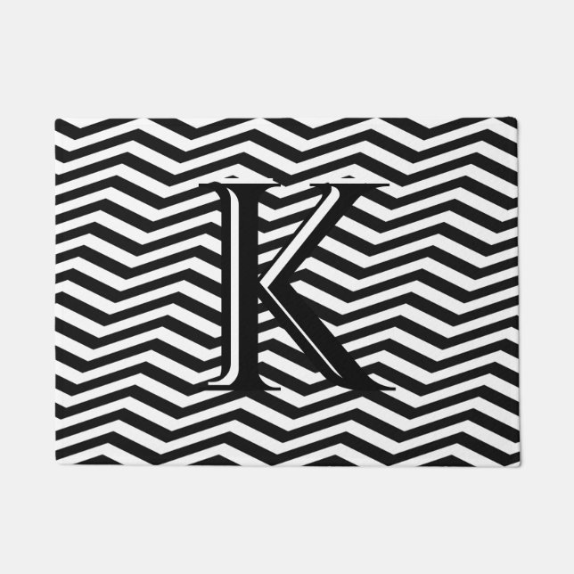 Stylish Black White Chevron Stripe Monogram Custom Doormat (Front)