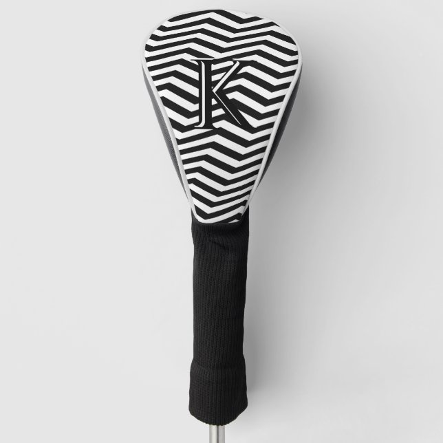 Stylish Black White Chevron Stripe Monogram Custom Golf Head Cover (Front)