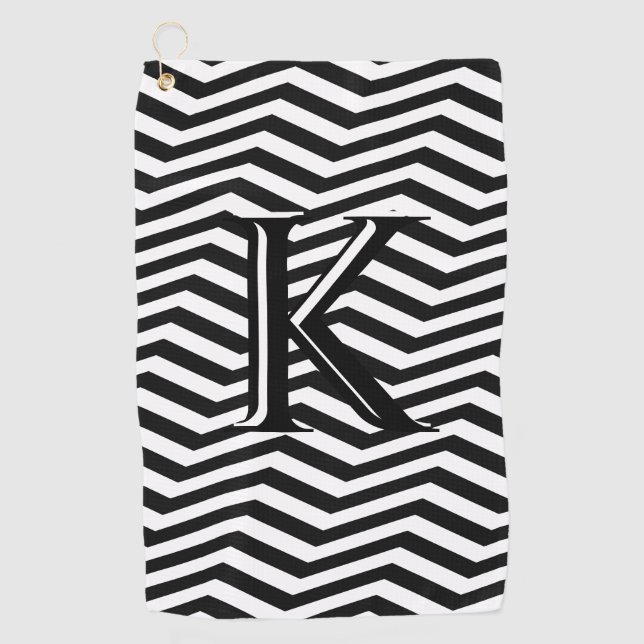 Stylish Black White Chevron Stripe Monogram Custom Golf Towel (Front)