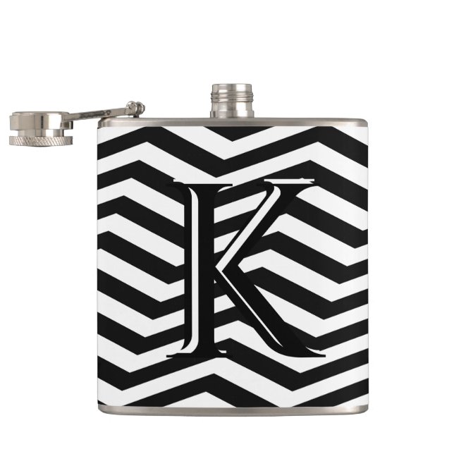 Stylish Black White Chevron Stripe Monogram Custom Hip Flask (Opened)