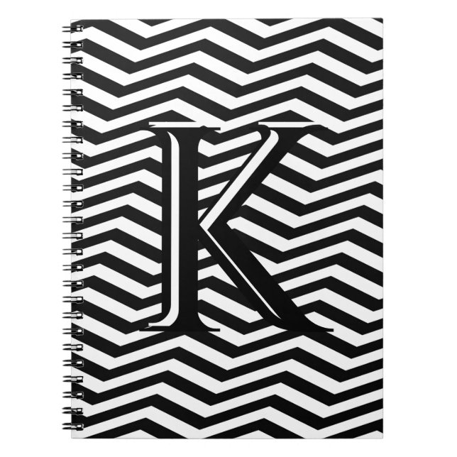 Stylish Black White Chevron Stripe Monogram Custom Notebook (Front)