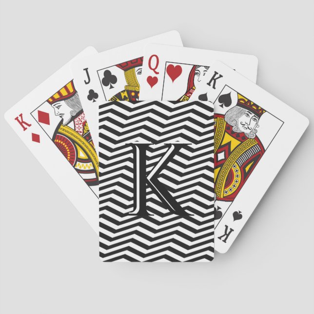 Stylish Black White Chevron Stripe Monogram Custom Playing Cards (Back)