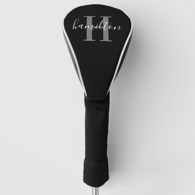 Stylish Black White Custom Monogram Name Initial Golf Head Cover (Front)