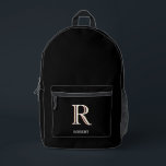 Stylish Black White Custom Monogram Name Printed Backpack<br><div class="desc">Simple,  Modern Sleek -- this Stylish Black Backpack Personalised with your custom 3-colour monogram and first name.  Any design questions just send a chat or an email to charmdesignstudio@rcn.com and we'll be delighted to assist.</div>