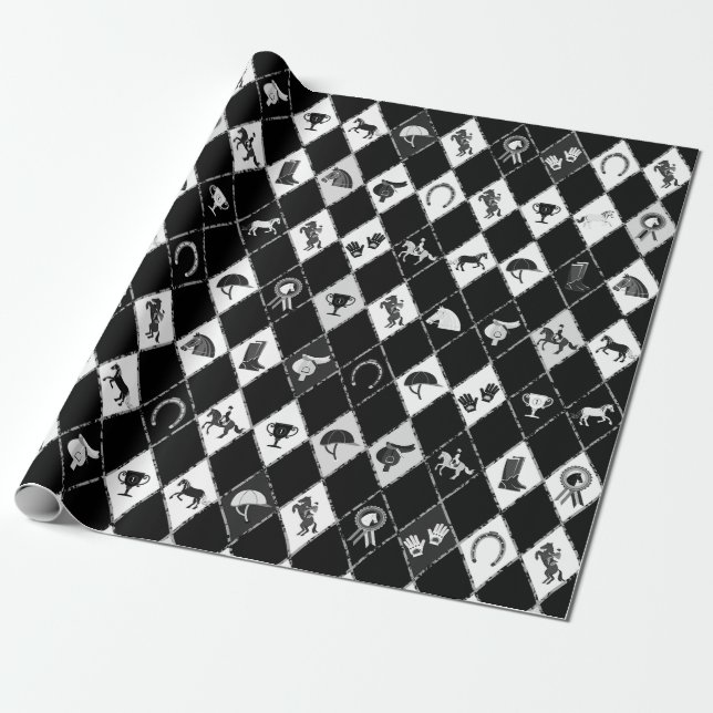 Stylish Black White Equestrian Diamond Pattern Wrapping Paper (Unrolled)