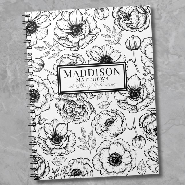 Stylish Black White Floral Personalised Name Notebook (Stylish Black White Personalized Name notebook)