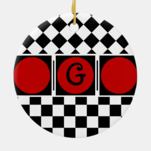 Stylish Black White Half Diamond Checkers red band Ceramic Tree Decoration