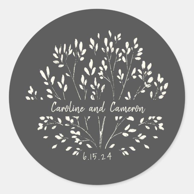 Stylish Black White Hand Painted Floral Wedding  Classic Round Sticker (Front)