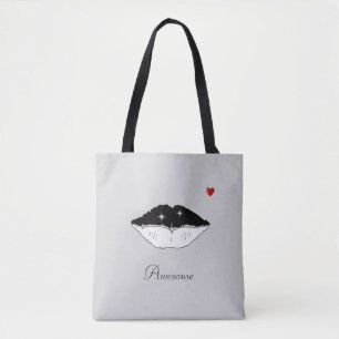 Stylish black & white lips & calligraphy on silver tote bag