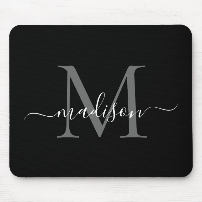 Stylish Black White Monogram Script Simple Modern Mouse Pad (Front)