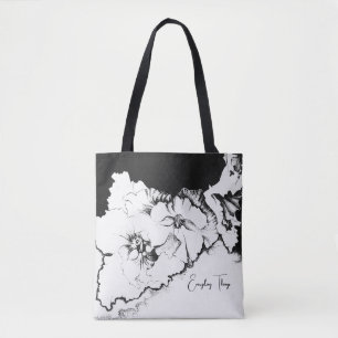Stylish Black & White Original Stipple Art Floral Tote Bag