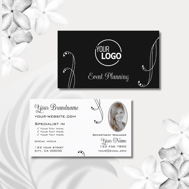 Stylish Black White Ornate with Logo and Photo Business Card (Creator Uploaded)